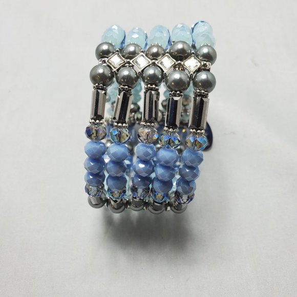Ali Khan 5 row glass pearl Blue beaded wired wrap opened bracelet - Picture 3 of 7